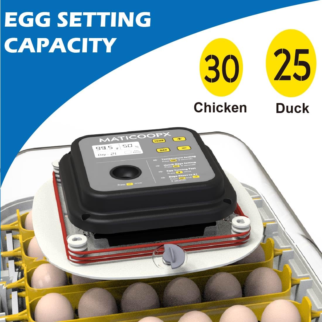 MATICOOPX 30 Egg Incubator with Humidity Display, Egg Candler, Automatic Egg Turner, for Hatching Chickens